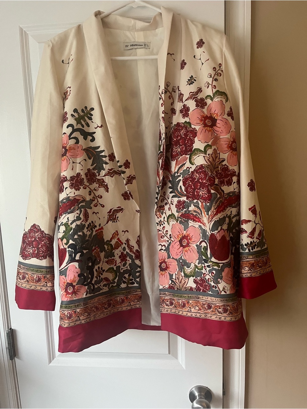 Floral Open Front Kimono Jacket - Cream & Red